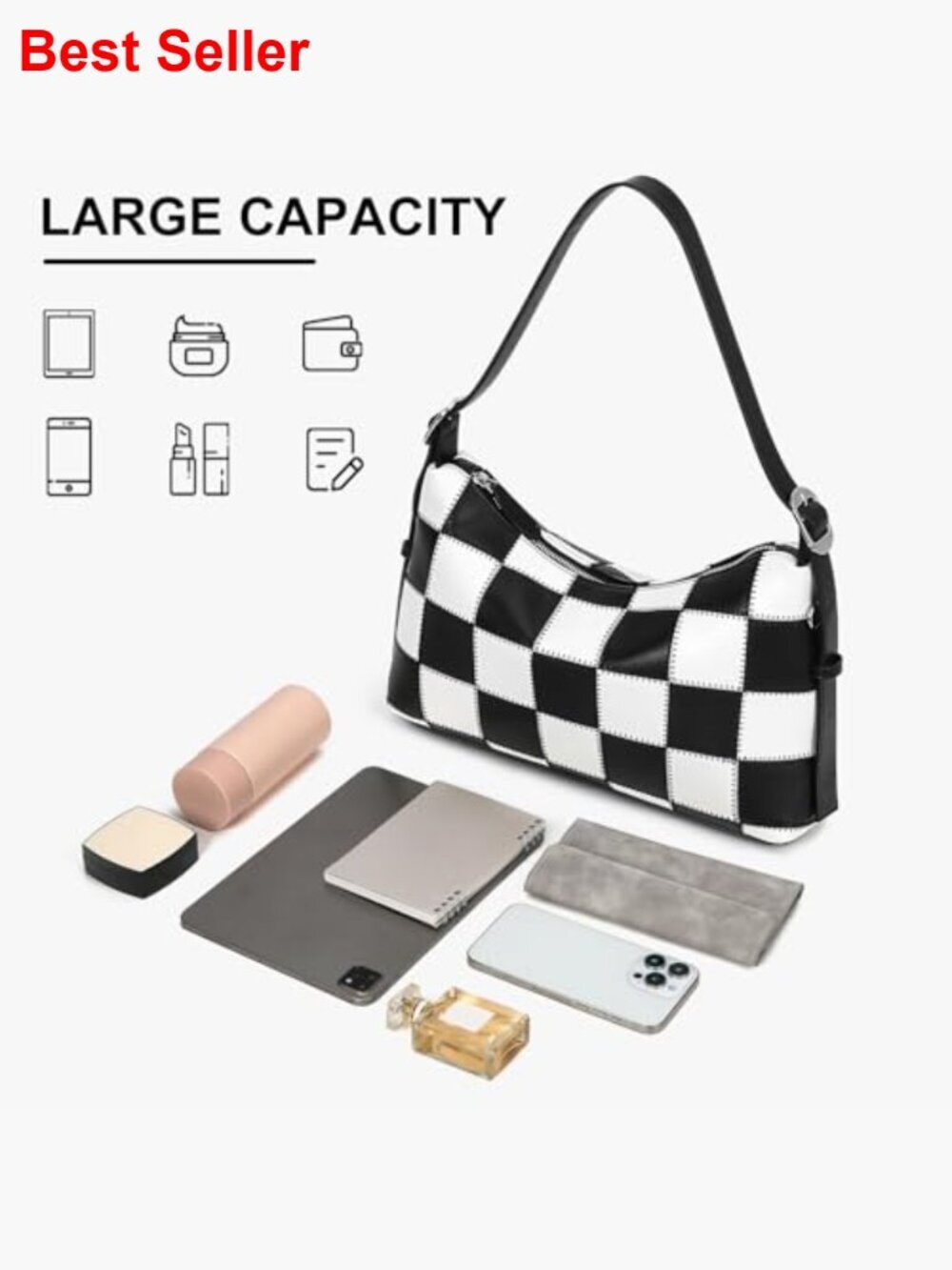 Vegan Leather Checkered Tote Bag Crossbody Shoulder Purse Hobo Handbag - Picture 5 of 7